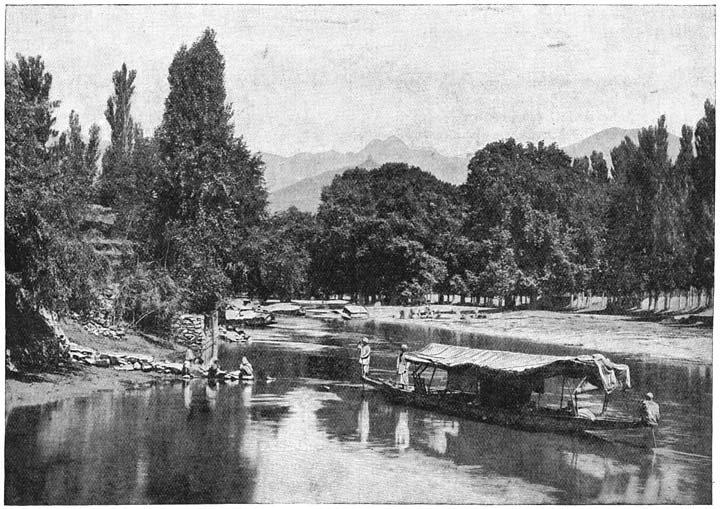 Groep platanen bij Srinagar. Doenga op den voorgrond.