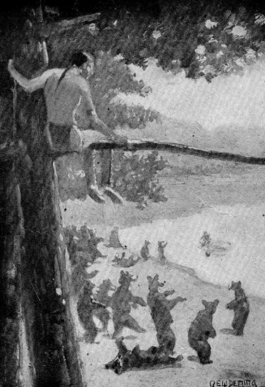 THE STRANGER WATCHES THE LAUGH-MAKER AND THE BEARS.

[Frontispiece. See page 189