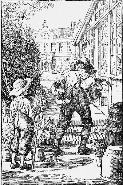 Had not the gardener, who then came up, taken him in his
arms, and carried him into the house, in spite of his kicking and
screaming.—Page 142.